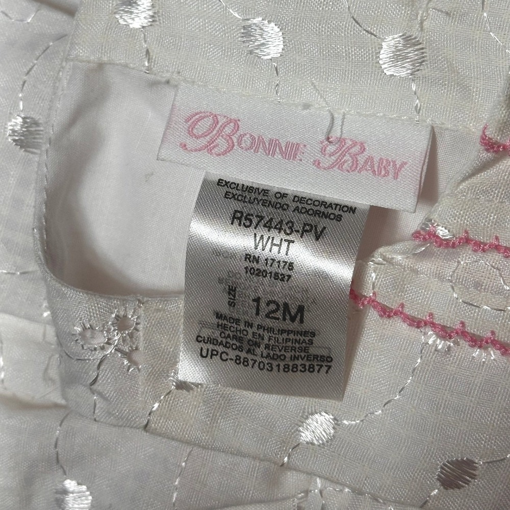 Bonnie Baby Embroidered Dress Kids 12M White Pink NEW Floral Ribbon R57443-PV - Picture 7 of 7